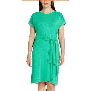 NWT Chaps Crewneck Knit Dress Green Short Sleeve Tie Belted Midi Size XXL Casual